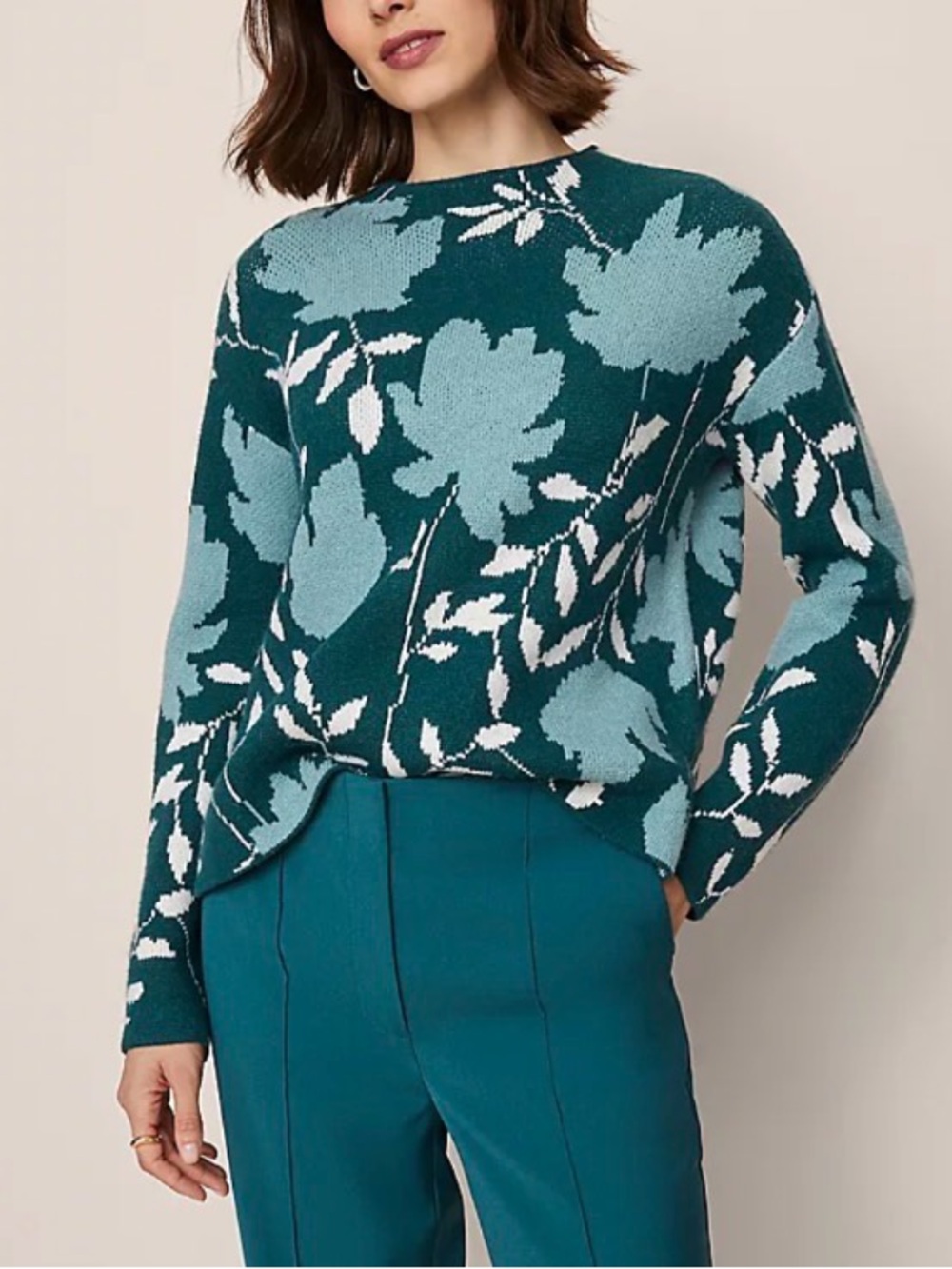 Ann Taylor Teal and Light Blue Floral Crewneck Sweater size S